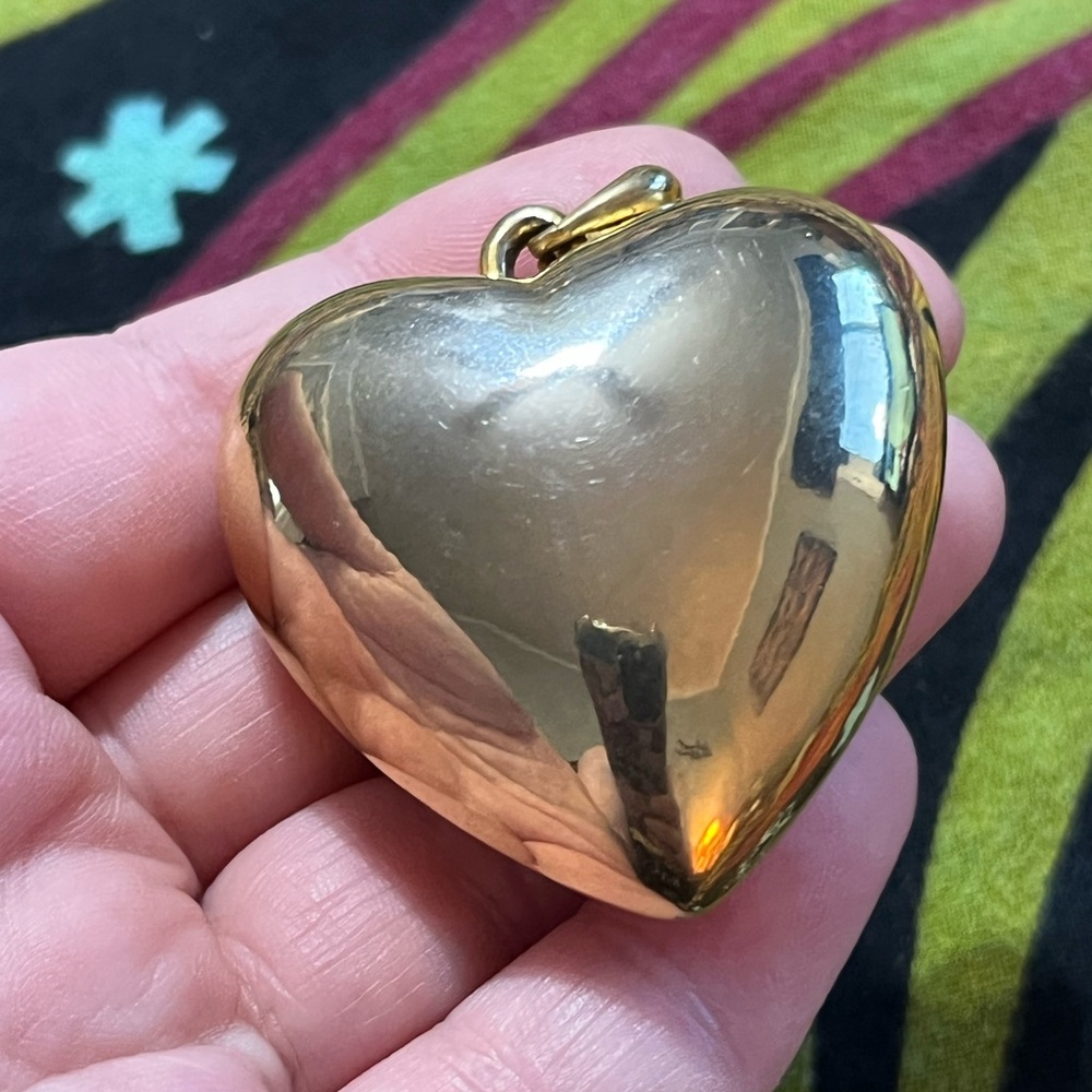 Vintage Whimsigoth Large Gold Tone Metal Puffy Heart Costume Jewelry Pendant